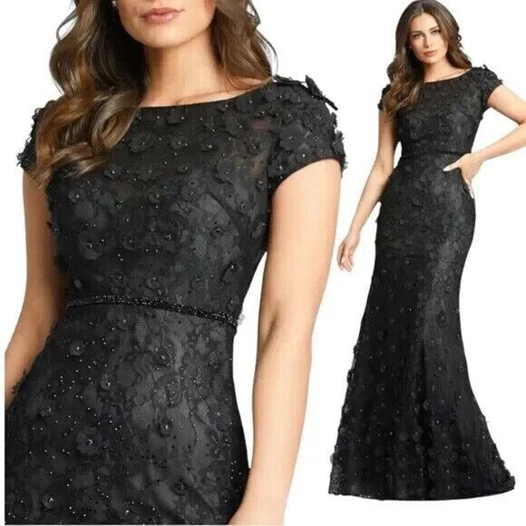 Mac Duggal‎ Women Floral Applique Boat Neck Short Sleeve Gown Black Sz 8 67711 - Picture 1 of 7